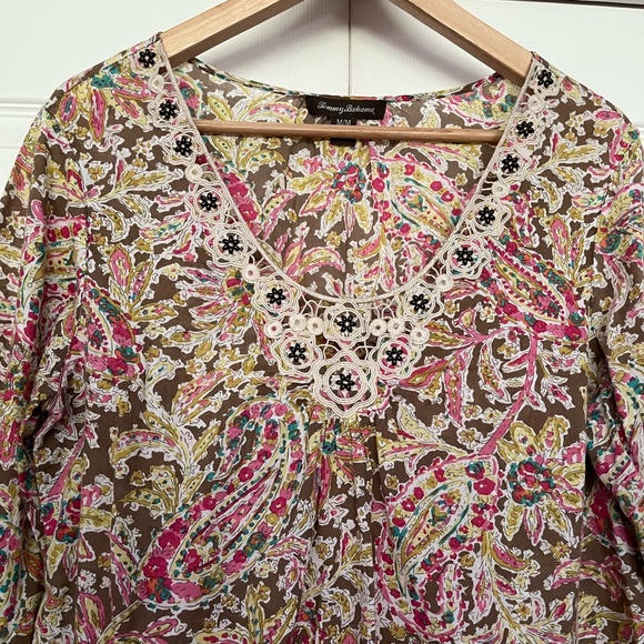 {Tommy Bahama} Paisley Print Blouse with Embellished Neckline - Women's Medium - Picture 3 of 10
